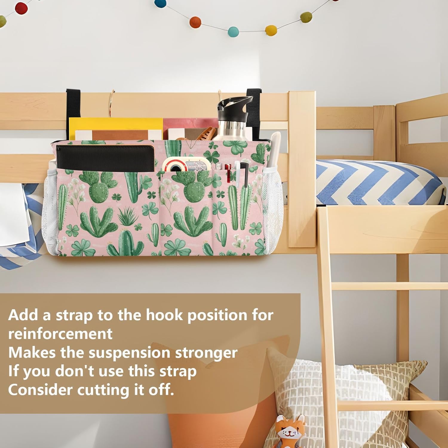 Floral Pink Cacti and Clovers Bedside Caddy for Dorm Bed Bedside Hanging Caddy Bag Iron Frame Storage Organizer Pocket for Bunk Home College Hospital Beds 2 Hooks
