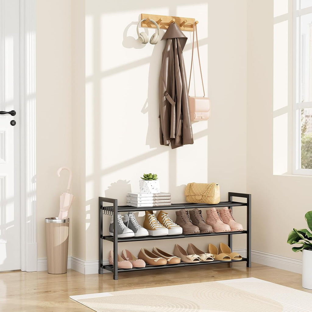LANTEFUL 3-Tier Expandable Shoe Rack for Closet, Adjustable 18"-33" Metal Shoe Organizer for 12 Pairs, Shoe Shelf for Small Spaces, Entryway, Bedroom with 5 Hooks