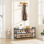 LANTEFUL 3-Tier Expandable Shoe Rack for Closet, Adjustable 18"-33" Metal Shoe Organizer for 12 Pairs, Shoe Shelf for Small Spaces, Entryway, Bedroom with 5 Hooks