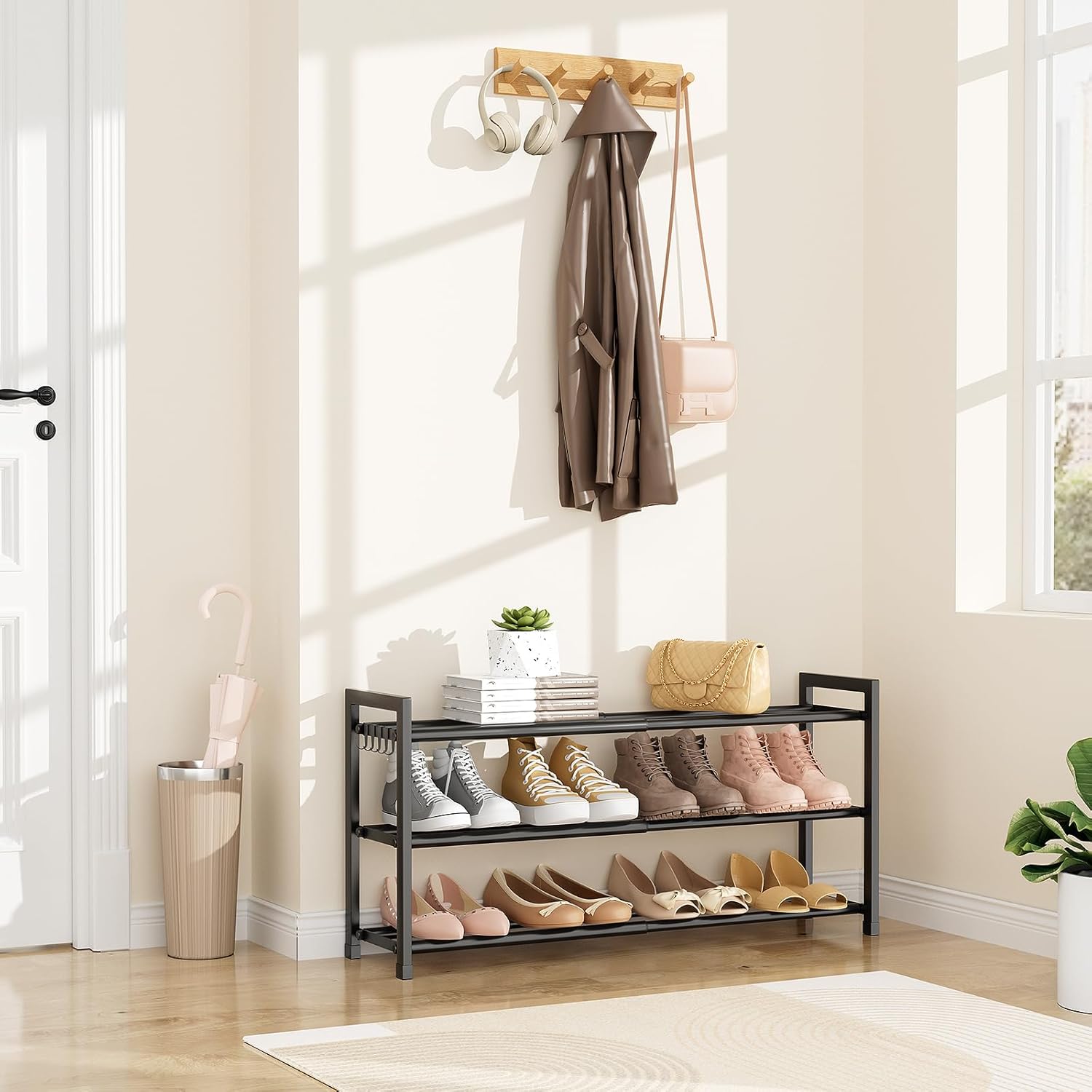 LANTEFUL 3-Tier Expandable Shoe Rack for Closet, Adjustable 18"-33" Metal Shoe Organizer for 12 Pairs, Shoe Shelf for Small Spaces, Entryway, Bedroom with 5 Hooks