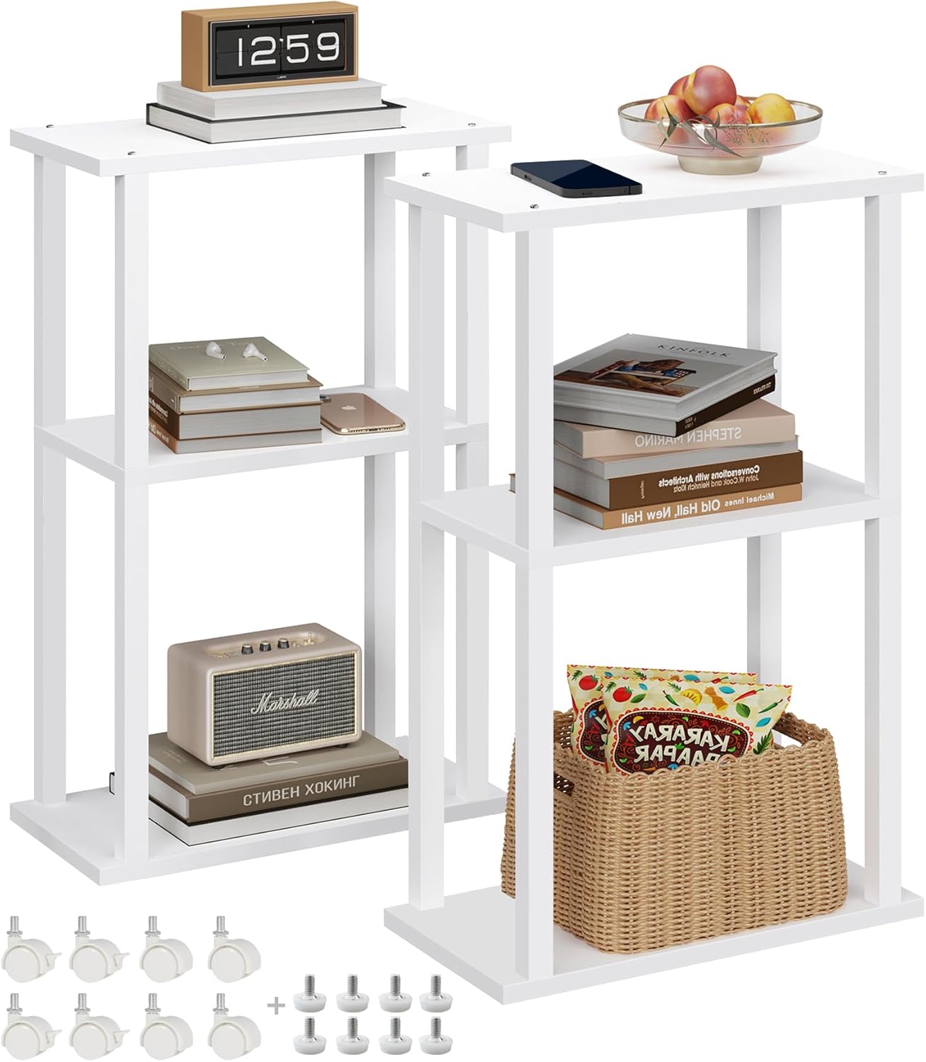 TUTOTAK Small Side Table, Narrow End Table, Bedside Table, Set of 2, Couch Side Table with Wheels for Living Room or Bedroom, White TB01BW0612