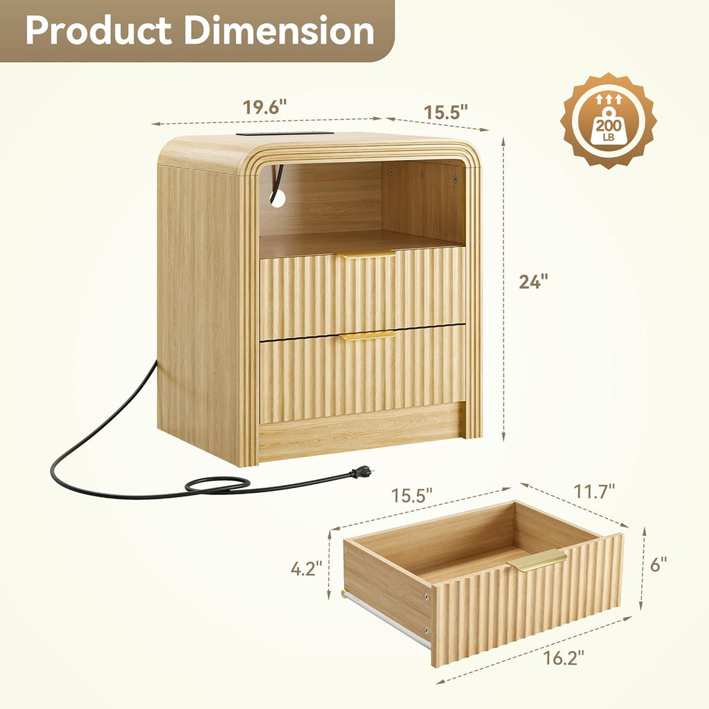 Fluted Nightstand with Charging Station, 19.7'' Wide Morden End Table with USB/Type-C Ports, 2 Drawers & Open Shelf, Curved Profile Design, Wood Bedside Table for Bedroom (Natural Oak)