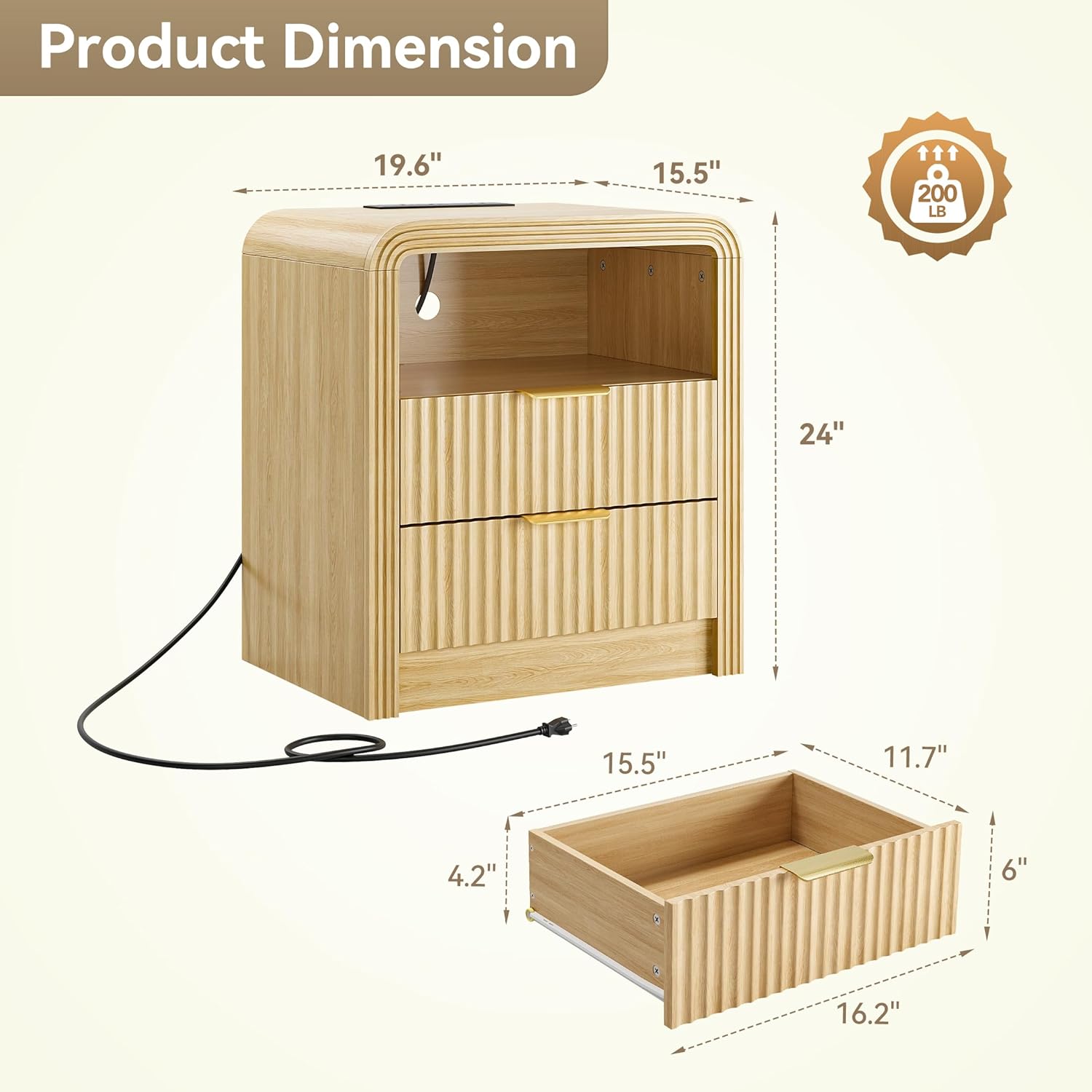 Fluted Nightstand with Charging Station, 19.7'' Wide Morden End Table with USB/Type-C Ports, 2 Drawers & Open Shelf, Curved Profile Design, Wood Bedside Table for Bedroom (Natural Oak)