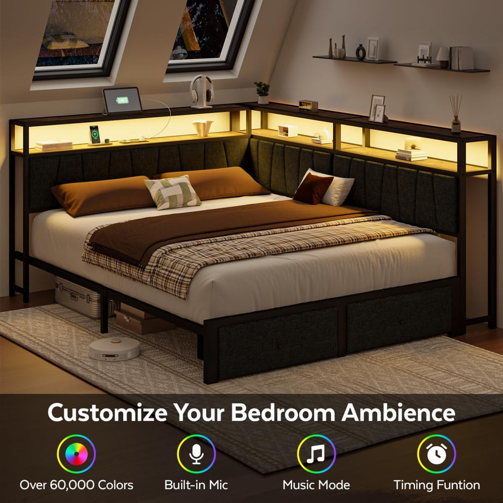 Queen Corner Bed Frame with Storage Drawers, Modern Daybed with LED Lights an...