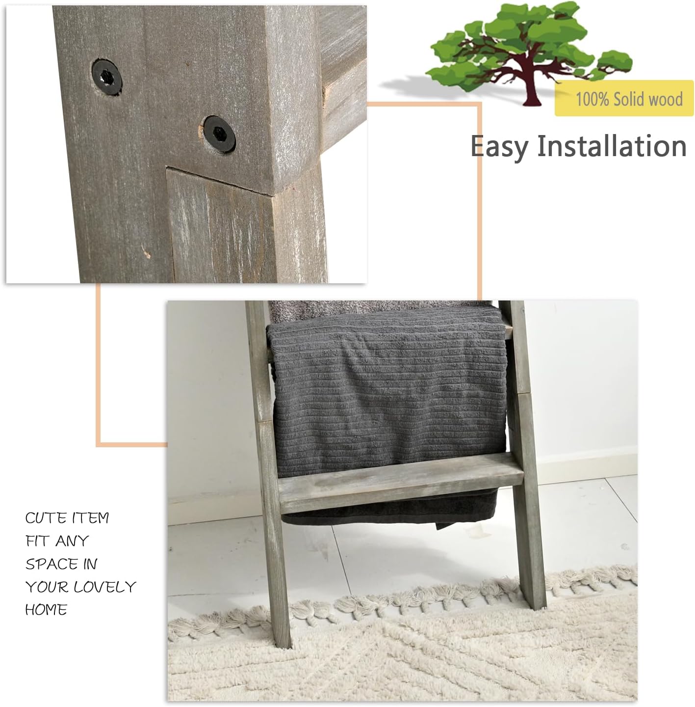 Blanket Ladder, 5ft Rectangle Rung Rustic Solid Wood Decor Rack, Grey | 5 rungs, farmhouse quilt display holder, showcase picture frames or plants, leaning wall, bathroom and living room use