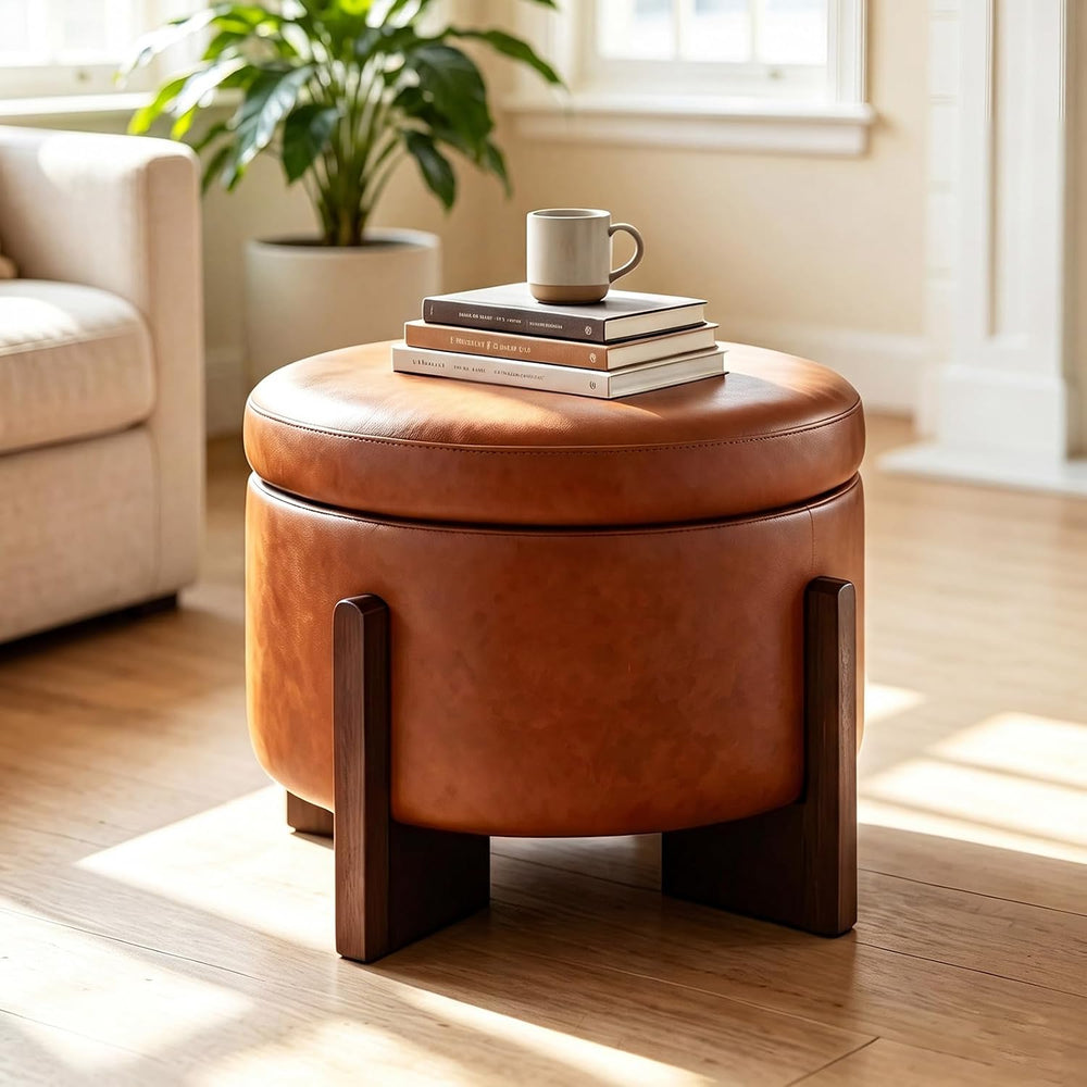 Leather Ottoman with Storage and Ash Wood Legs, Modern Foot Stool，Round Stora...