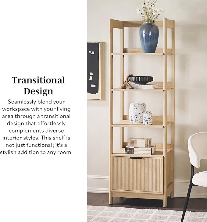 Walker Edison Transitional Reeded Narrow Open Bookshelf with Drawer Home Office Living Room, Bedroom, 4-Shelf Bookcase with Bottom Storage, 22 Inch, Coastal Oak
