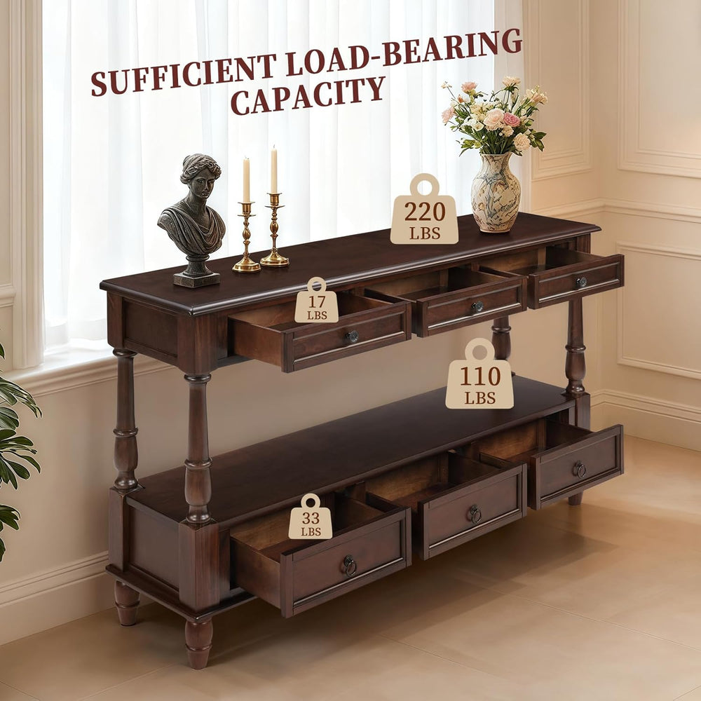Vintage Solid Wood Console Table with 6 Drawers - 54" Hallway Sofa Table...
