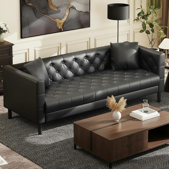 GarveeHome 81 in Leather Couch for Living Room, Modern Leather Sofa with Deep Seat, Handmade Button Tufted 3 Seater Sofa, Chesterfield Couch for Apartment, Office, Black