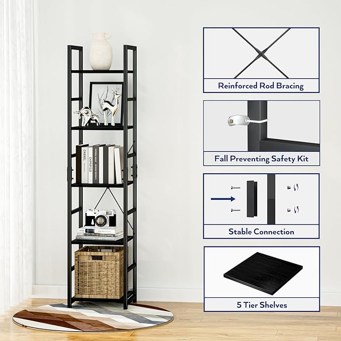 NUMENN 5 Tier Slim Bookshelf, Tall Bookcase Shelf Storage Organizer, Modern Book Shelf for Bedroom, Living Room and Home Office, Black