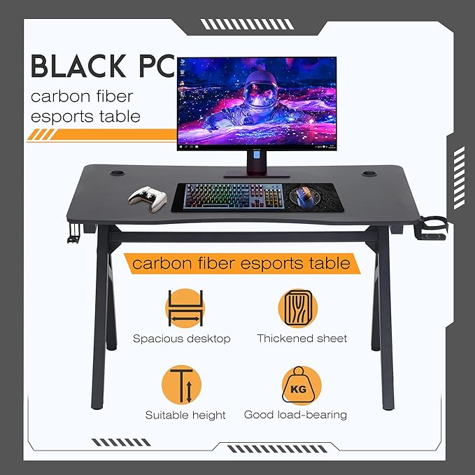 BestOffice Gaming Desk Computer Desk 47"x 23" Home Office Desk Extra Large Modern Ergonomic Black PC Carbon Fiber Table Gamer Workstation with Cup Holder Headphone Hook,Blue