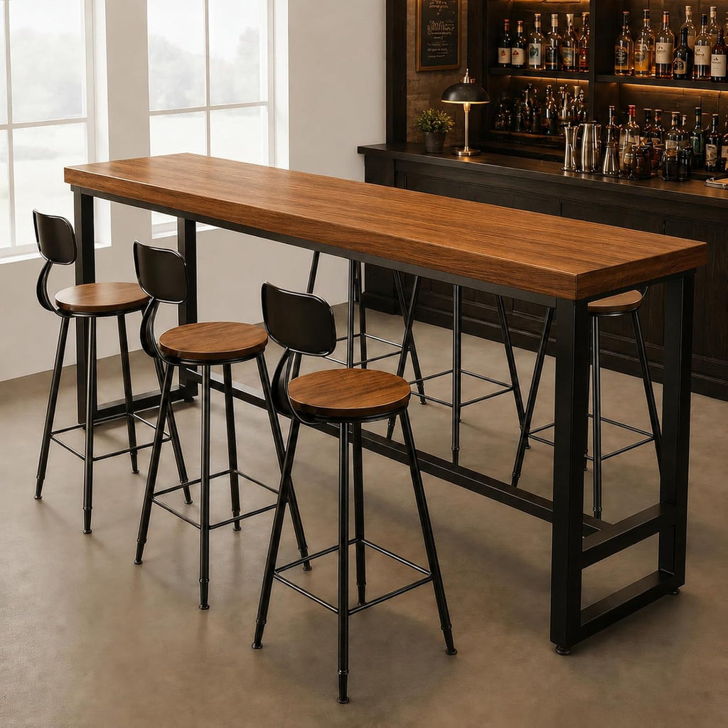 86.6" Solid Wood Bar Height Table - Long Narrow High Top Pub Table with 2" Thick Pine Top & Metal Legs, Farmhouse Counter Height for Kitchen, Breakfast Nook, Coffee Shop, No Stool