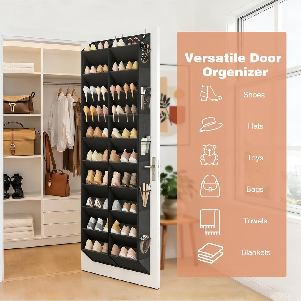 LANTEFUL Over the Door Shoe Organizer, Hanging Shoe Rack for Closet Door Shoe Storage for 30 Pairs Sneaker and Boots, Large Shoe Holder for Door with 10 Side Pockets, Space Saving, Black
