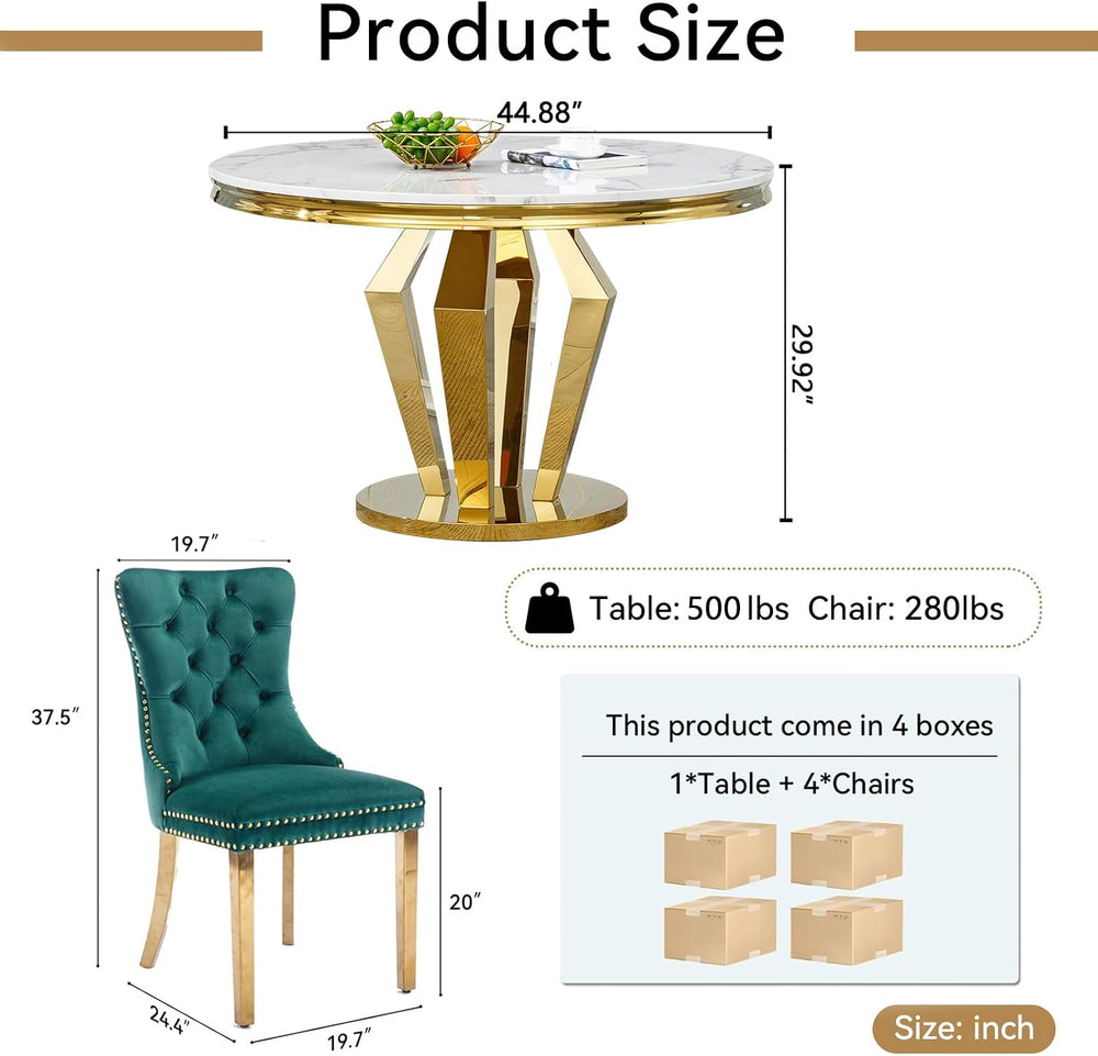 3-Piece Round Marble Dining Table Set for 4 with Velvet Chairs | Modern Faux ...