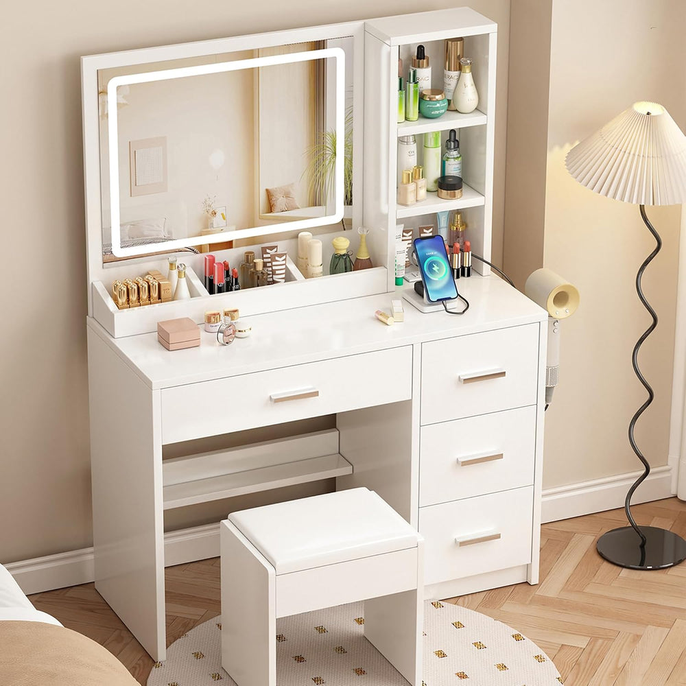 OTOQS Vanity Desk with Mirror and Lights,4 Drawers & Bench Vanity Desk Se...