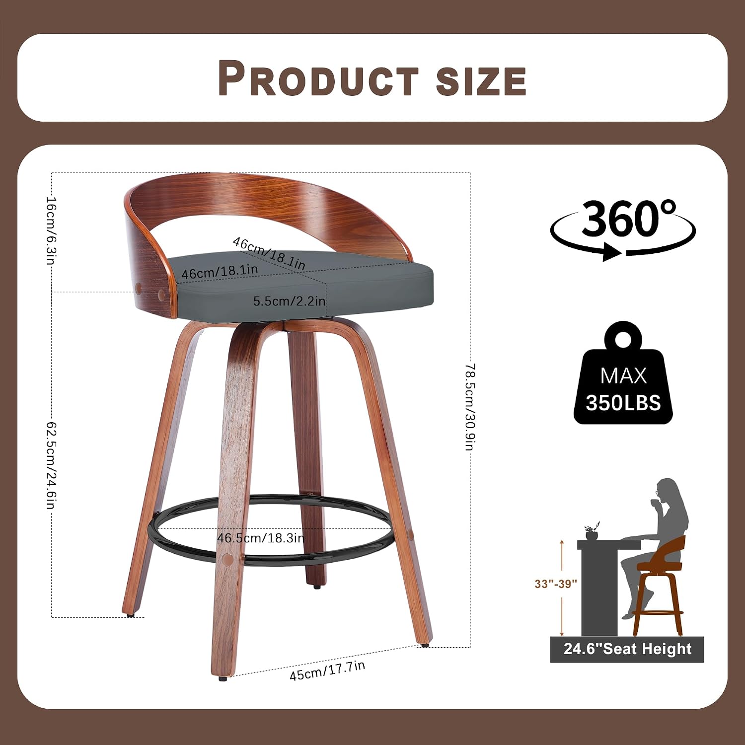 25" Swivel Bar Stools Set of 2, Mid Century Modern Bar Island Stools | Upholstered Faux Leather Counter Height Barstools with Walnut Back & Bentwood Legs
