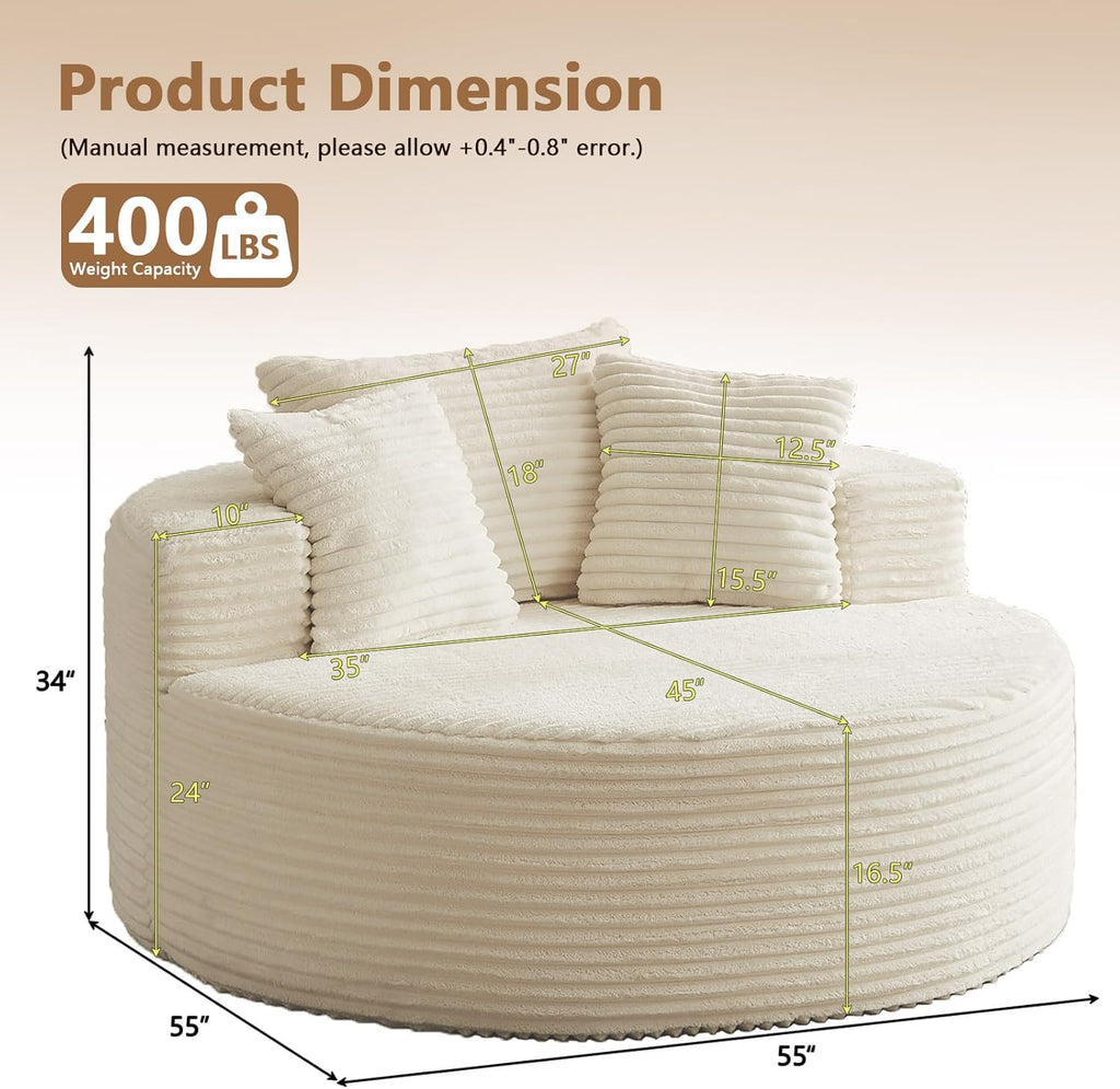 Lakifun Oversized Round Chair Lounge Chaise Indoor, Upholstered Corduroy Deep Seat Cloud Large Circle Sofa Chair, No Assembly Required, Fluffy Modern Sleeper Sofa Bed for Reading, Light White