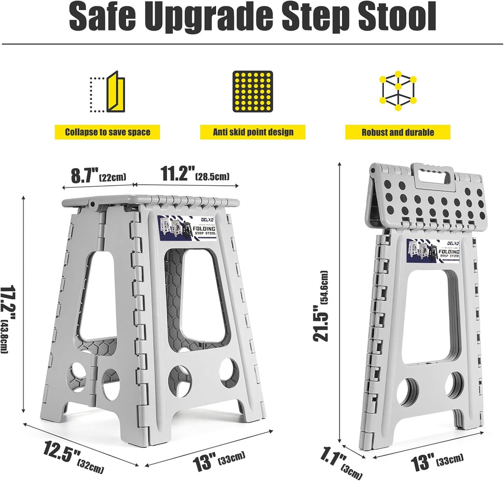 Delxo 17.5 Inch Folding Step Stool, Foldable Stool for Adults,Premium Portable Collapsible Plastic Step Stool,Non Slip Folding Stools for Kitchen Bathroom Bedroom (Black + Grey)