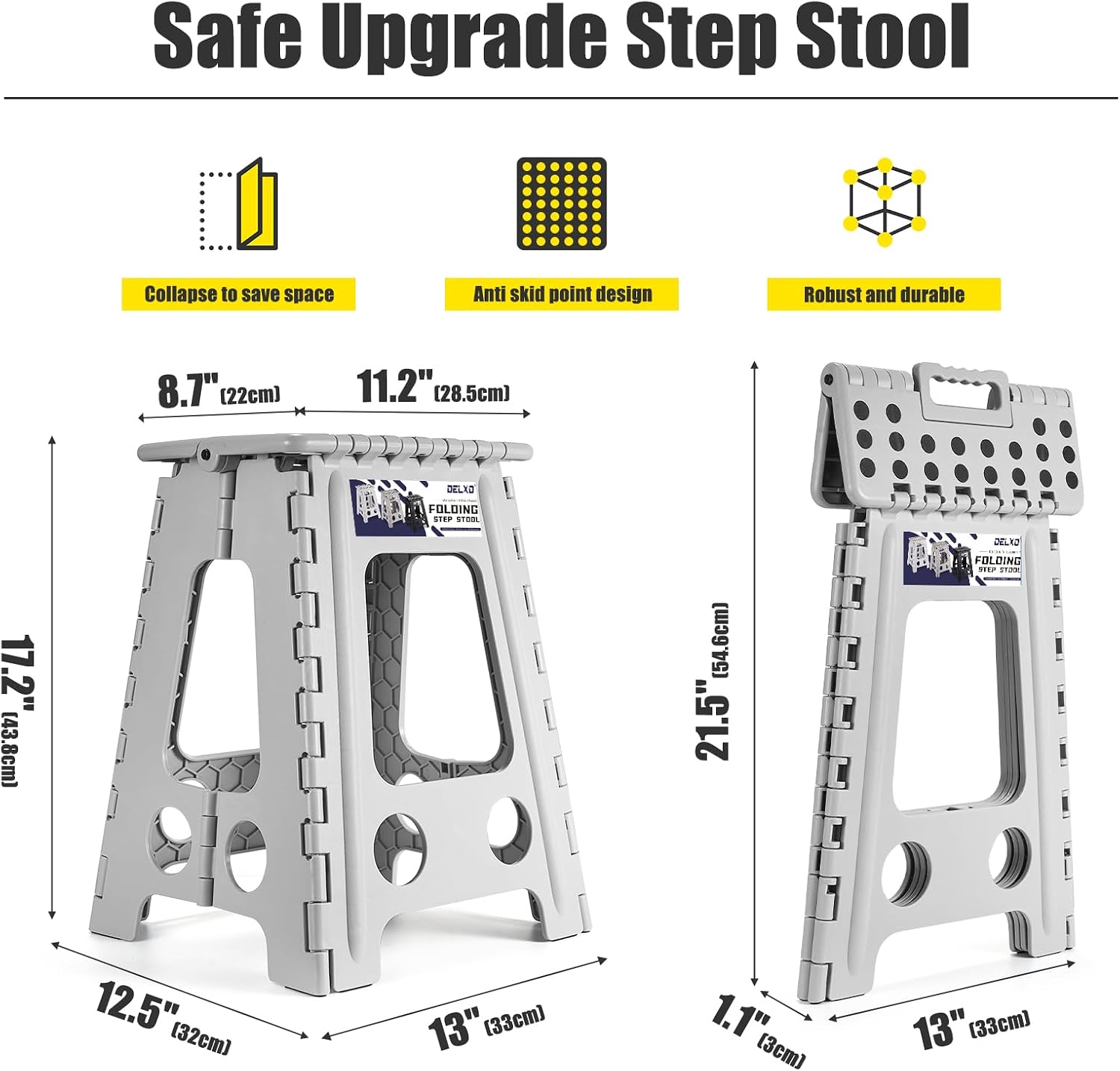 Delxo 17.5 Inch Folding Step Stool, Foldable Stool for Adults,Premium Portable Collapsible Plastic Step Stool,Non Slip Folding Stools for Kitchen Bathroom Bedroom (Black + Grey)