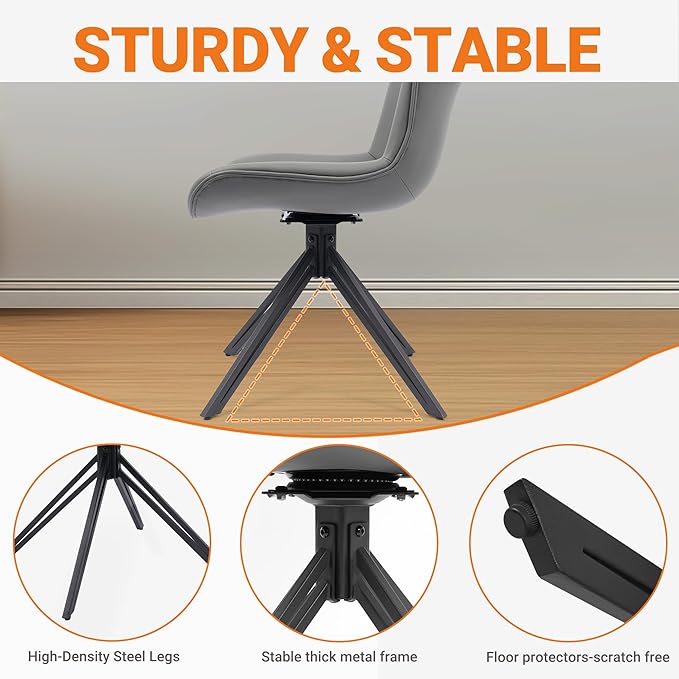 Dining Chairs Set of 6, 360° Swivel Upholstered Mid-Century Modern Kitchen Dining Room Chairs, Armless Faux Leather Accent Side Chair with Padded Back, Metal Legs for Living Room Bedrooms,Grey