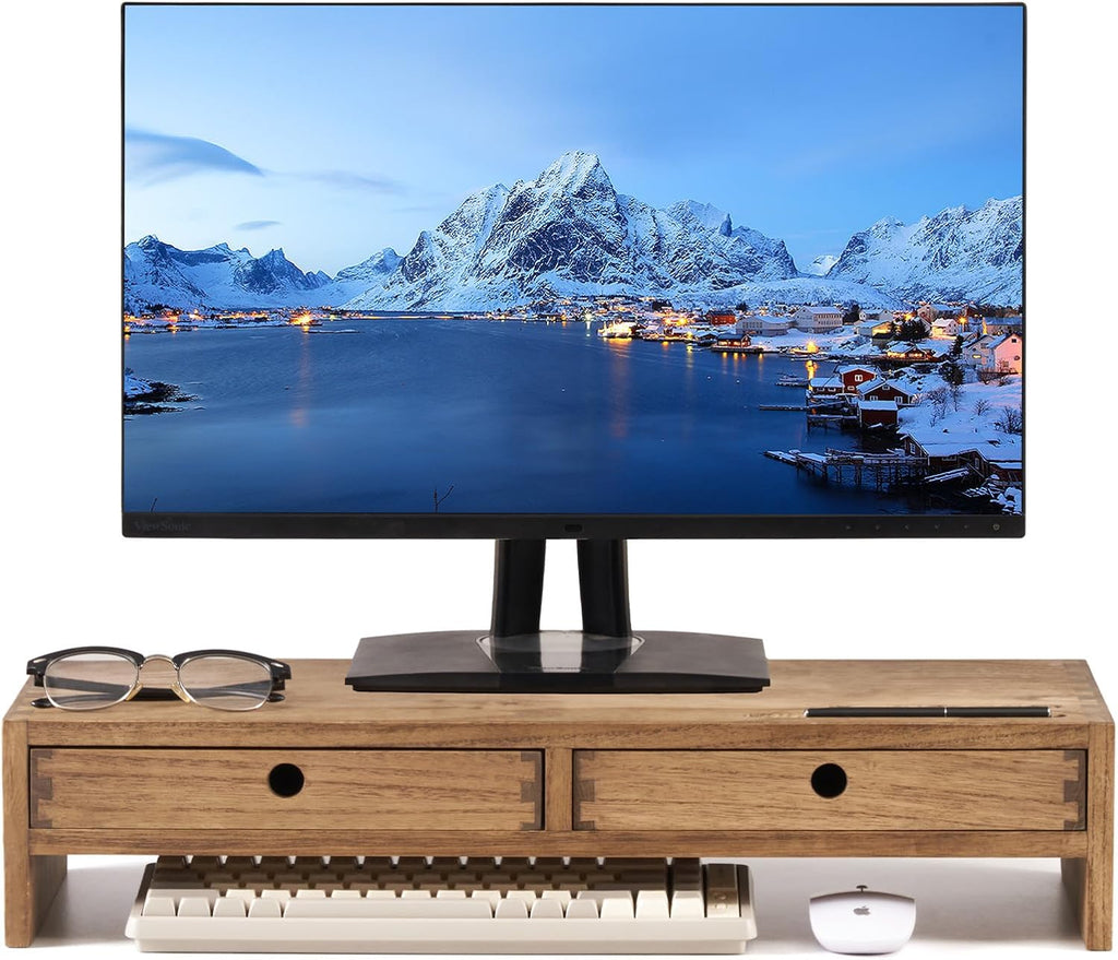 KIRIGEN Wood Monitor Stand with 2 Drawers - Computer Arm Riser Desk Storage Organizer,Speaker TV Laptop Printer Stand with Pen Slot and Cable Management,Dark Brown Desktop Shelf for Office DBR-2PMJ