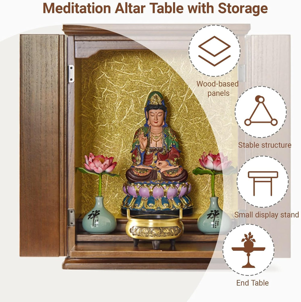 Solid Wood Buddha Altar Shelf Niche with Pull-Out Storage Panel Buddhist Disp...