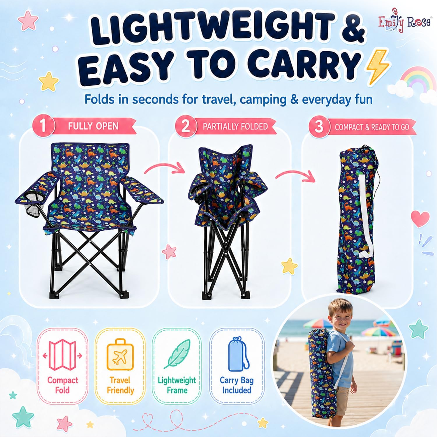 Emily Rose Playful Dinosaurs Kids Folding Camp Chair - Lightweight Portable Toddler Beach Chair Ages 2-7 with Safety Lock Cup Holder Carry Case 125 lb Capacity for Boys Girls Indoor Outdoor Adventures