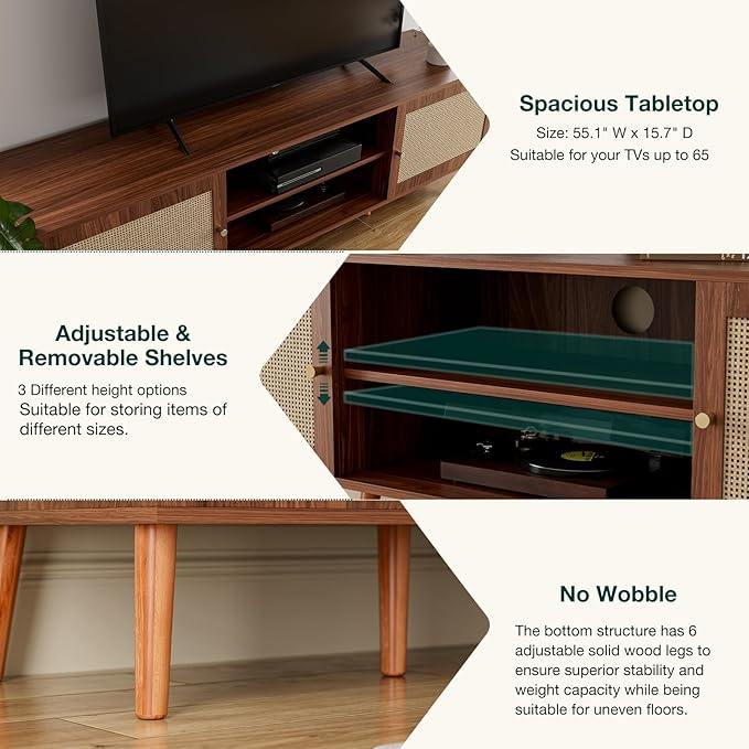 TV Stand for TVs up to 65'', Entertainment Center With Rattan Door, S...