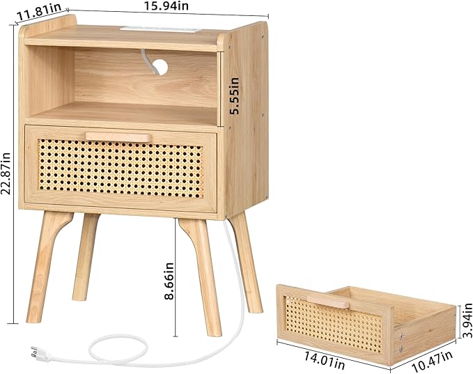 Lerliuo Rattan Nightstand with Charging Station, Boho Night Stand with Handma...