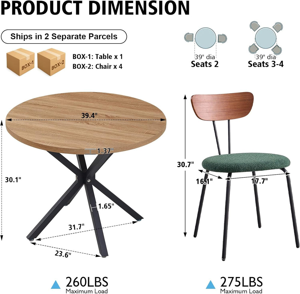 39" Brown Round Dining Table Set for 4 Green Chair
