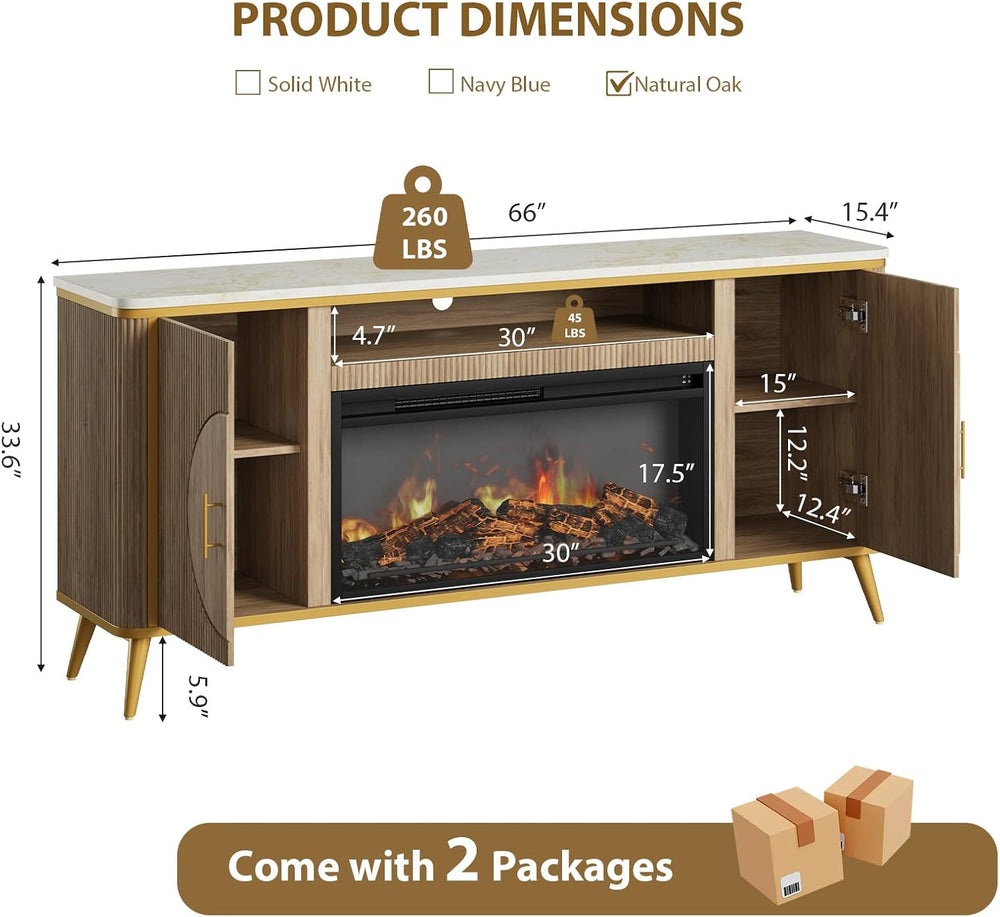 Fluted Fireplace TV Stand Up to 80" TVs, Modern Entertainment Center wit...