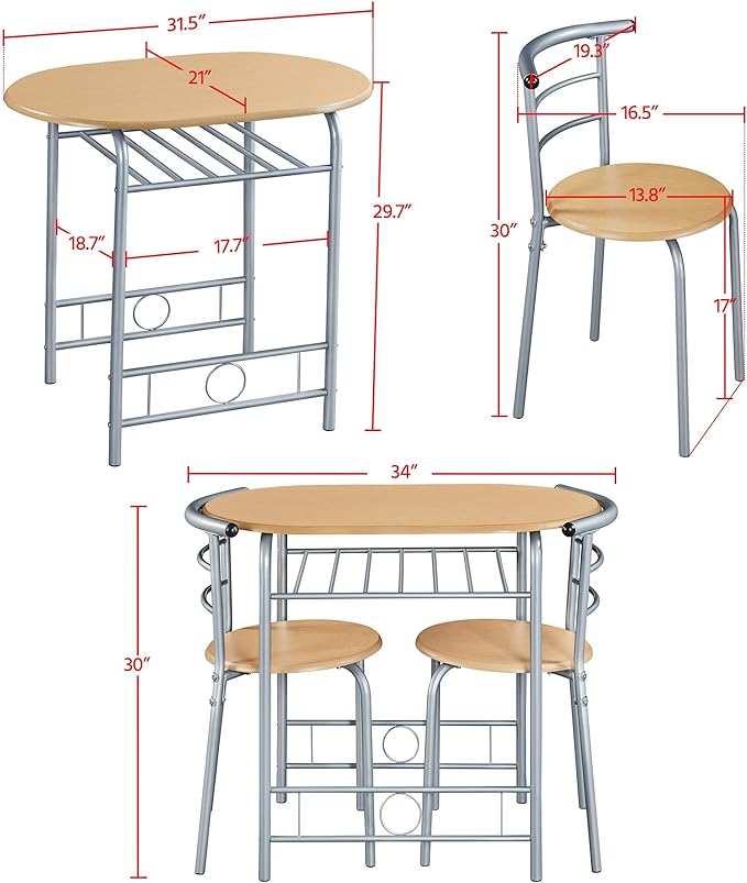Yaheetech 3 Piece Dining Table Set, Kitchen Table & Chair Sets for 2, Compact Bistro Table Set with Steel Legs, Built-in Wine Rack for Small Space, Apartment, Breakfast Nook, Natural