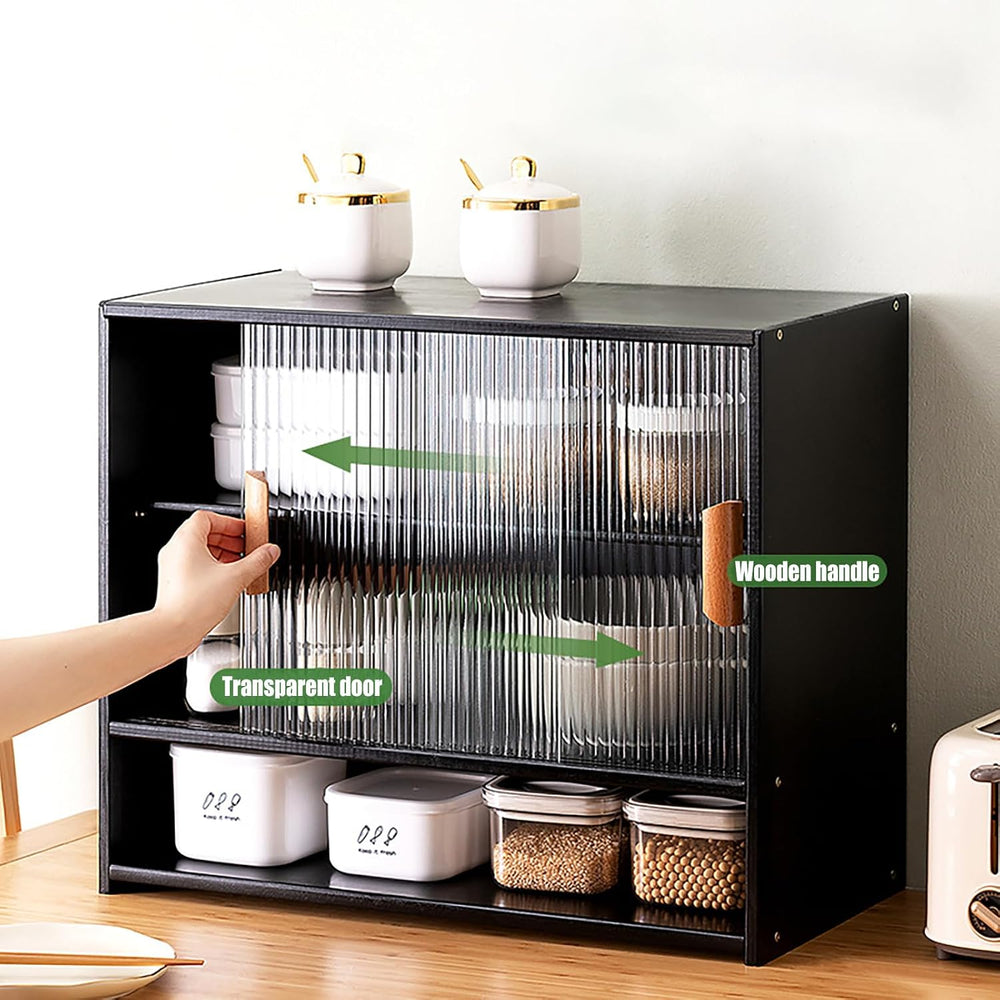 Countertop Storage Cabinet with 2 Sliding Striped Glass Doors, Freestanding K...