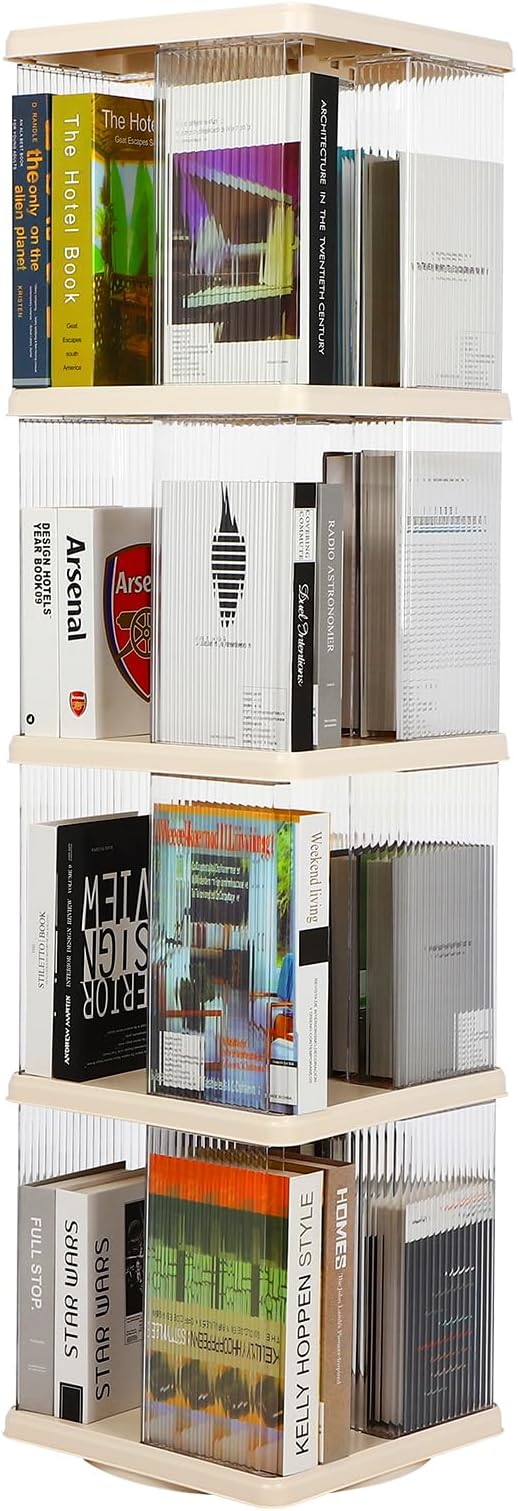 FAHKNS 4 Tier Rotating Bookshelf,360°Display Floor Standing Bookcase,Book Shelf for Small Space Revolving Bookcase for Office Bedroom Living Room,Rectangular