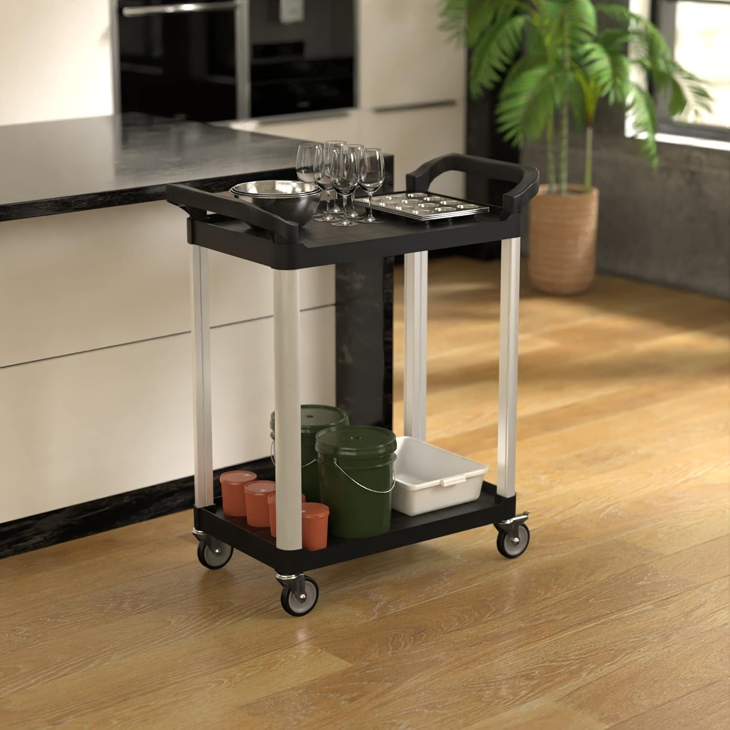 Black Utility/Bussing Cart with Two Shelves - 32" x 16"