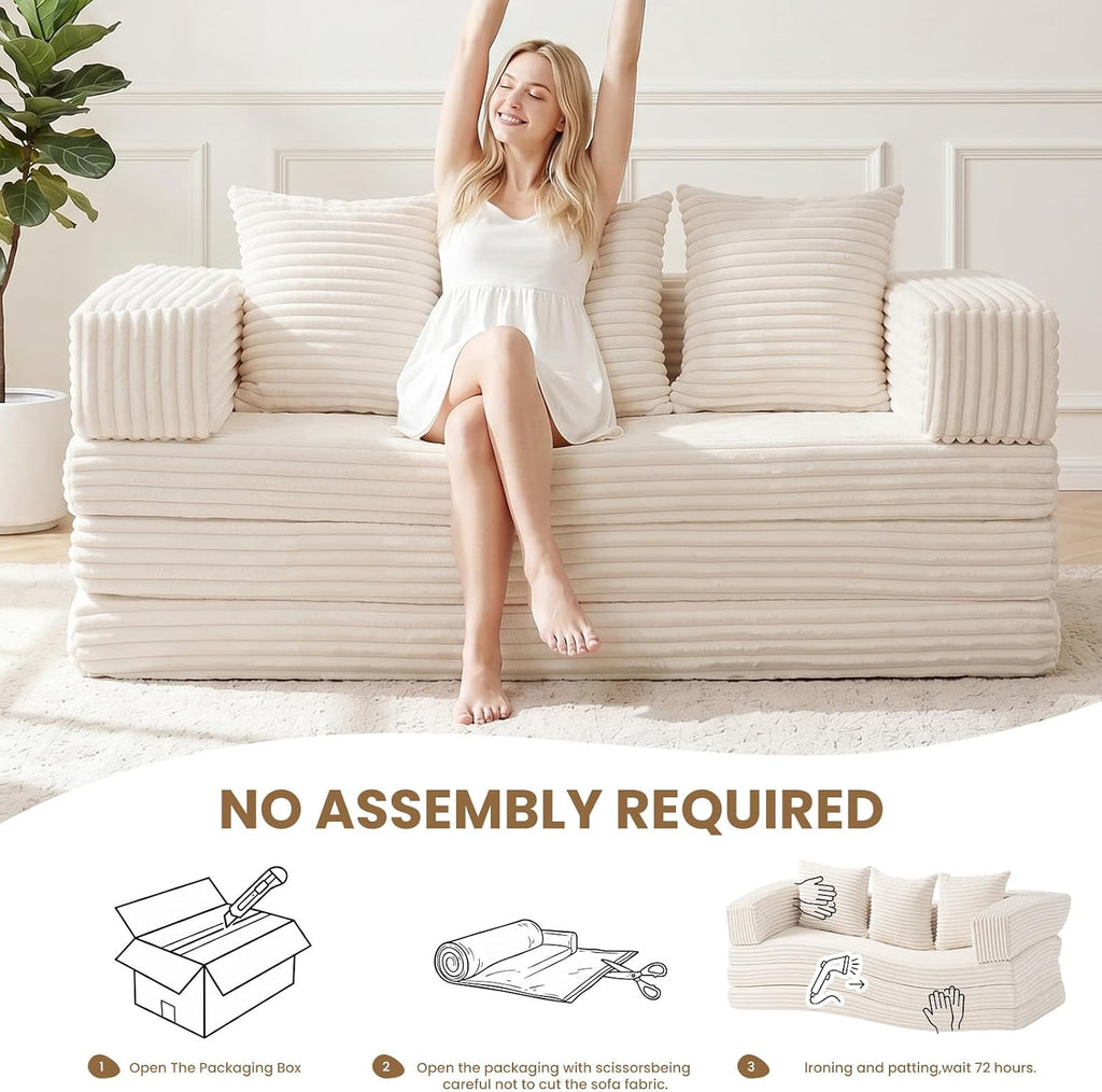 Convertible Sofa Bed,3 Seater Couch Futon Sleeper Sofa with Removable Armrests Backrest,Corduroy Folding Floor Boneless Couch for Living Room,Small Space,Beige