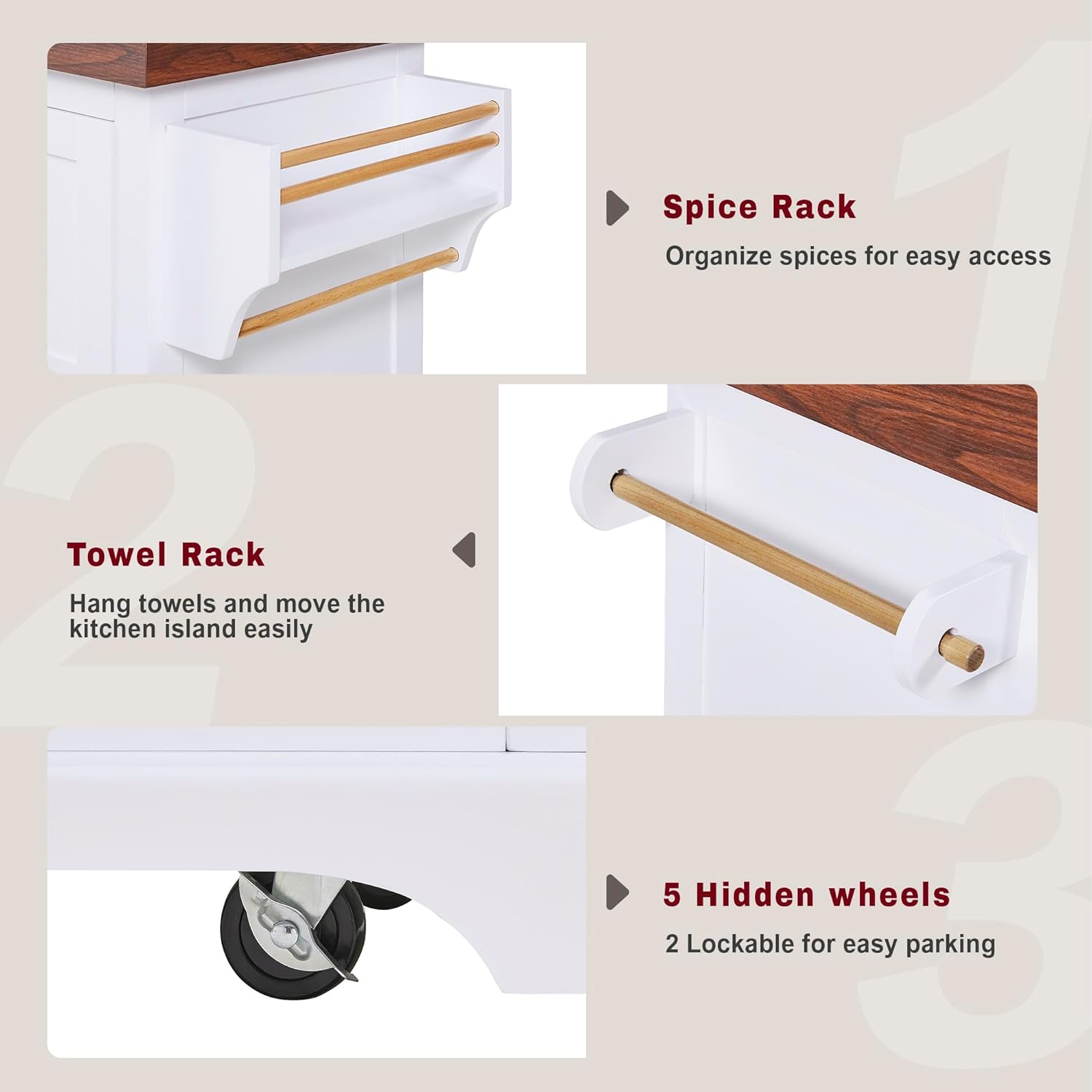 53" Large Kitchen Island with 3.5" Thick Desktop, Spice and Towel Racks, Rolling Kitchen Island with Storage on 5 Wheels, 2 Extra-Large Drawers, for Home, Kitchen, Dining Room, White