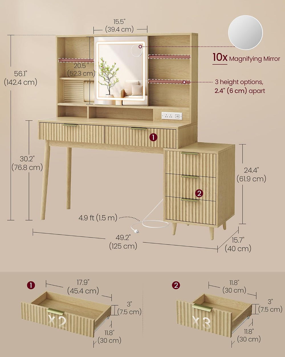 VASAGLE Fluted Vanity Desk with Sliding Mirror and Lights, 5 Drawers | Contem...
