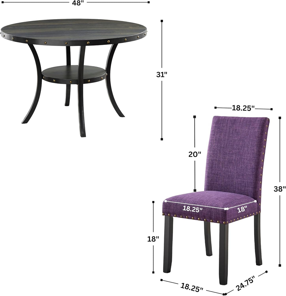 Roundhill Furniture Biony Espresso Wood Dining Set with 4 Fabric Nailhead Cha...