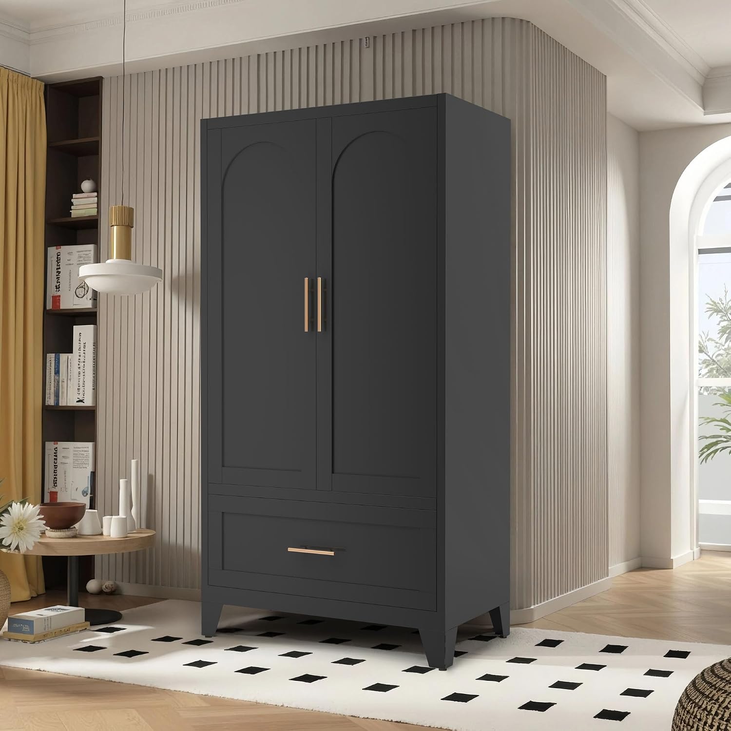 Anwick Metal Wardrobe Closet, 60" Tall Black Metal Wardrobe Cabinet | Hanging Rod, 1 Drawer, 2 Doors and Adjustable Shelf for Bedroom Guest Room Laundry Room