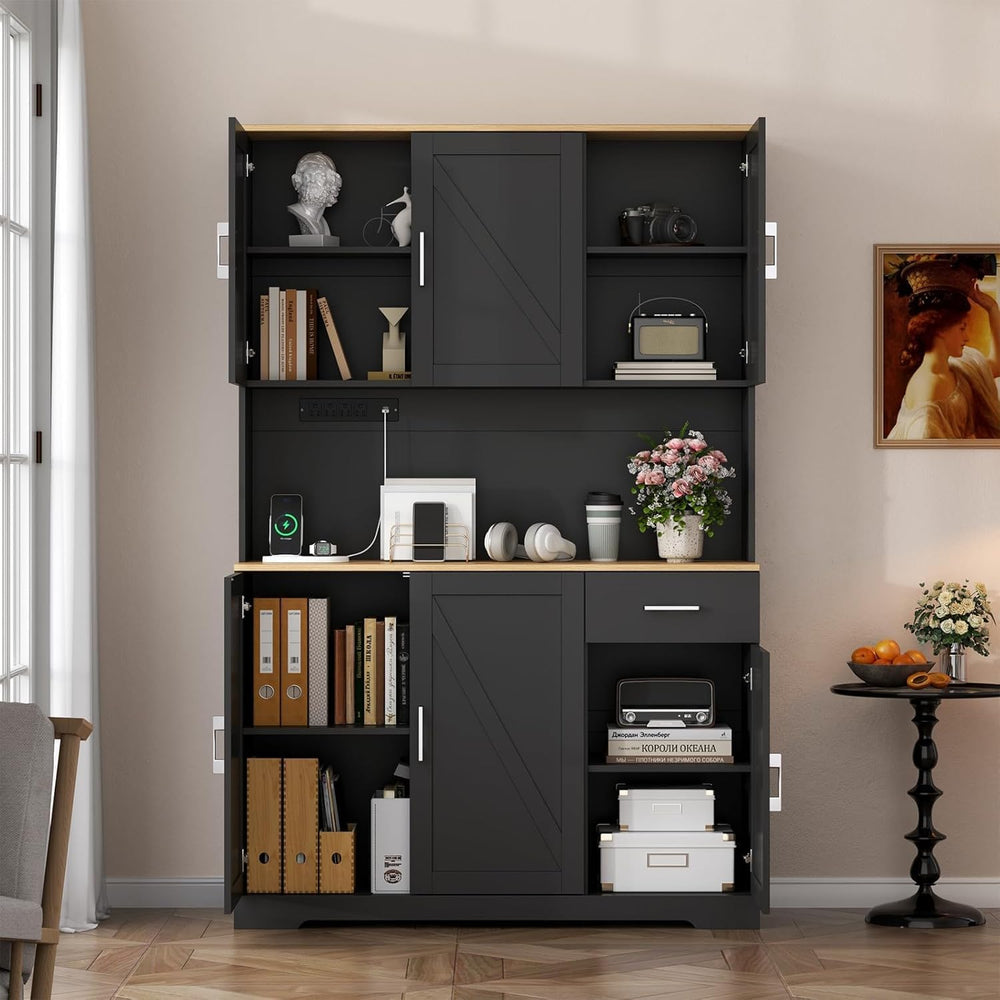 71" Pantry Cabinet,Kitchen Pantry Storage Cabine with Power Outlet,Farmh...