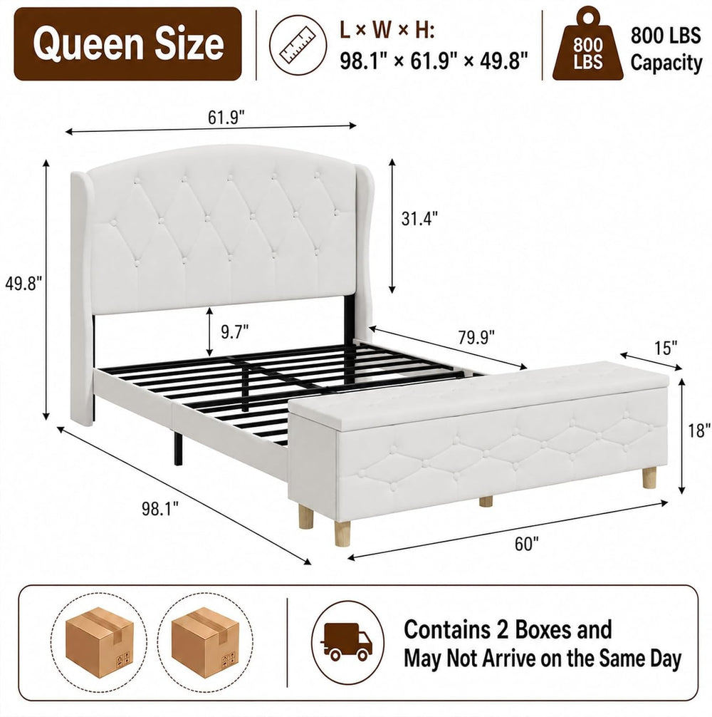 Upholstered Queen Bed Frame, 49.8" Tall Wingback Headboard, White