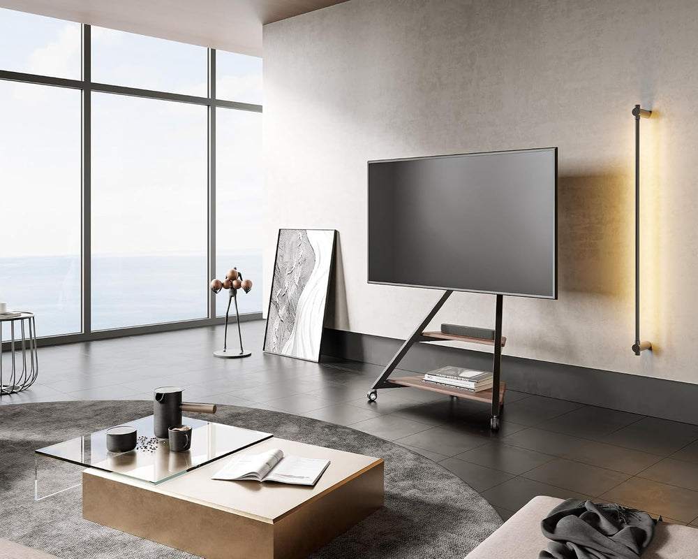 FITUEYES Corner TV Stand for 55-88inch TV with Wooden Storage Shelf, Walnut |...