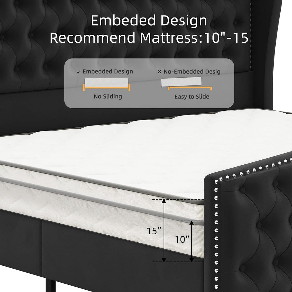 BRELTAM Upholstered King Size Bed Frame Velvet Black Tufted Platform Bed Fram...