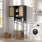 Rattan Toilet Storage Cabinet, Over The Rack Wood Cabinet with Metal Stand, Bathroom Organizer with Adjustable Shelf, Tall Freestanding Washer Shelf, Small Cupboard, Black