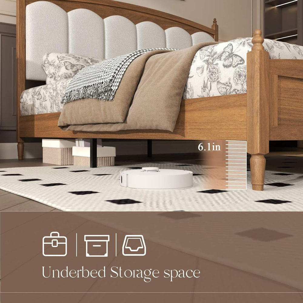 Queen Bed Frame Upholstered Headboard Farmhouse Platform No Box Spring