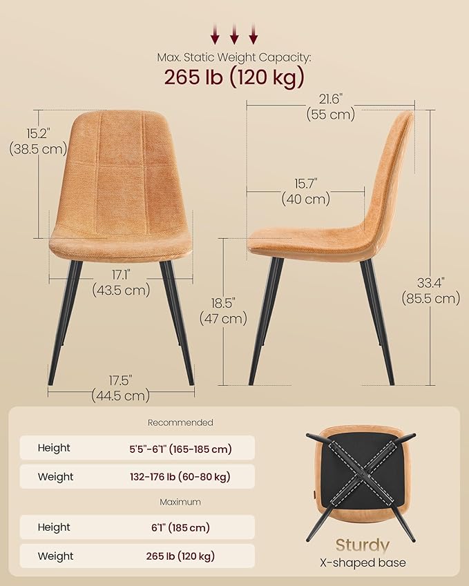 VASAGLE Dining Chairs, Set of 2 Dining Room Chairs, Metal Frame, Adjustable F...