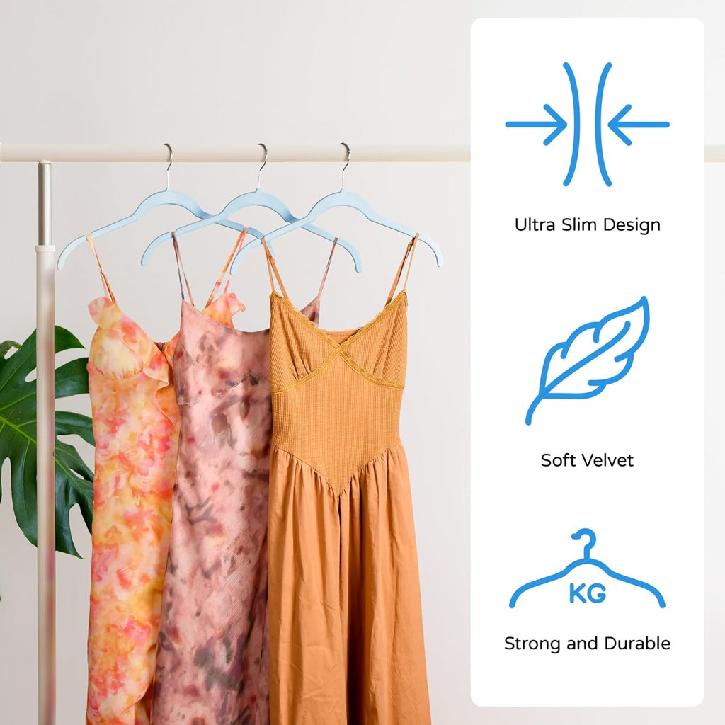 30 Pack Velvet Hangers – Premium Non-Slip Slim Clothes Hangers with 360° Swivel Hook, Space-Saving Flocked Shirt Hangers for Coats, Dresses, Blouses, Suits(Blue)