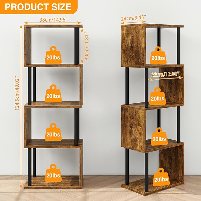IBUYKE 5-Tier Tall Bookshelf,S-Shaped Geometric Bookcase, Wood Display Shelves with Storage,Industrial Bookshelf for Living Room Bedroom, Home Office, Rustic Brown WBC015H