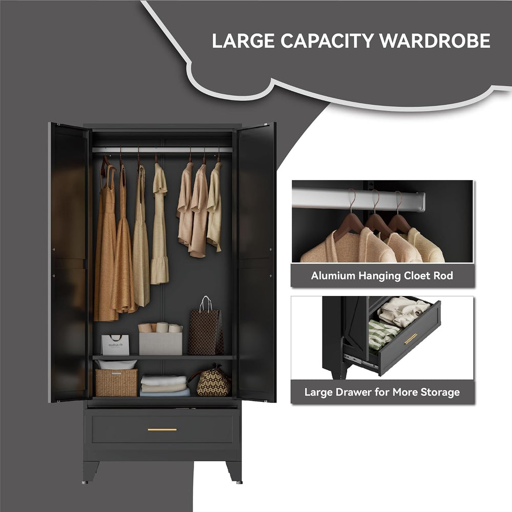 Black Metal Wardrobe Closet, Steel Armoire Wardrobe with Drawer Clothes Cabin...